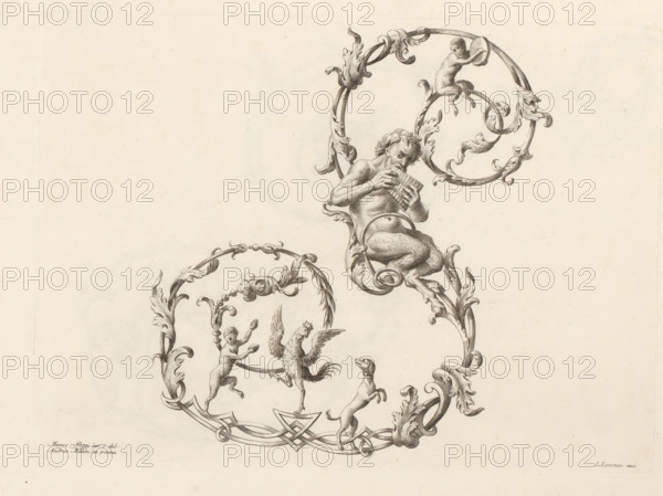 Ornamental letter S, Alphabet of initial letters, Ornamental alphabet, print, album page, decorated with a rooster, a dog, and a satyr with a pan flute. Print is part of an album., printmaker: Lorenzo Lorenzi, Italy, after drawing by Mauro Poggi, after drawing by Andrea Bimbi, 1745 - 1765, paper, etching, engraving, height 226 mm x width 315 mm, This print is part of a series of 24 prints (title print) with ornamental letters., letters, alphabet, script, fancy letters, A detailed ink drawing on a pale background shows ornate scrolling foliage forming circular frames; within the upper frame a reclining satyr-like figure plays a pan flute while a small monkey-like figure clings to the rim and holds a round object; below, within a larger decorative loop, small cherub-like figures interact with a rooster that stands on one leg and a dog that rears up toward it, all connected by flowing acanthus leaves and intricate curving bands.