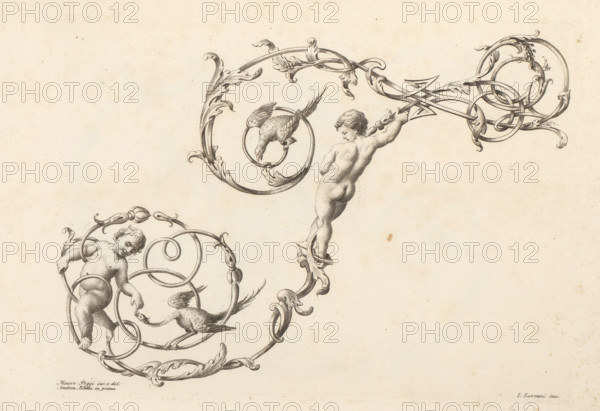 Ornamental letter T, Ornamental alphabet, Alfabeto di lettere inizial, print, album page, decorated with two birds and two naked boys. Print is part of an album., printmaker: Lorenzo Lorenzi, Italy, after drawing by Mauro Poggi, after drawing by Andrea Bimbi, 1745 - 1765, paper, etching, engraving, height 226 mm x width 312 mm, This print is part of a series of 24 prints (title print) with ornamental letters., letters, alphabet, script, fancy letters, A sepia-toned engraving showing ornamental scrollwork with acanthus-like leaves and curling ribbons, featuring two cherubic figures with rounded forms entwined in circular frames, one positioned higher and leaning while holding onto decorative bands and the other lower with an arm extended toward a bird; multiple birds with detailed feathers are perched or standing within circular loops; the lines are finely hatched to indicate shading and form, and the background is a textured aged paper with small spots and faint discoloration.