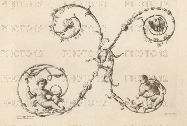 Ornamental letter X, Alfabeto di lettere inizial, Ornamental alphabet, print, album page, decorated with a bird and two naked boys. Print is part of an album., printmaker: Lorenzo Lorenzi, Italy, after drawing by Mauro Poggi, after drawing by Andrea Bimbi, 1745 - 1765, paper, etching, engraving, height 225 mm x width 315 mm, This print is part of a series of 24 prints (title print) with ornamental letters., letters, alphabet, script, fancy letters, A sepia-toned engraving shows ornate curling vine-like scrollwork with acanthus leaves and bulbous buds forming circular frames; within one circular frame a winged bird stands and within two other circular frames chubby nude putti sit, one holding a curved band and the other reaching toward a small bird on the ground; delicate tendrils and small leaves decorate the scrolls and the background is a plain aged paper.