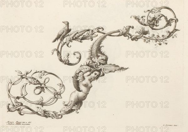 Ornamental letter F, Ornamental alphabet, Alfabeto di lettere inizial, print, album page, decorated with a bird, a fish, and a winged female figure. Print is part of an album., printmaker: Lorenzo Lorenzi, Italy, after drawing by Mauro Poggi, after drawing by Andrea Bimbi, 1745 - 1765, paper, etching, engraving, height 227 mm x width 315 mm, This print is part of a series of 24 prints (title print) with ornamental letters., letters, alphabet, script, fancy letters, An ornate black ink engraving on a light paper background showing intricate scrolling acanthus foliage and curving ornamental lines, a perched bird on a curled leafy vine, a stylized fish or sea creature with textured scales emerging from a flourish, and a partial cherub-like figure with a rounded torso and flowing hair integrated into the decorative swirls.