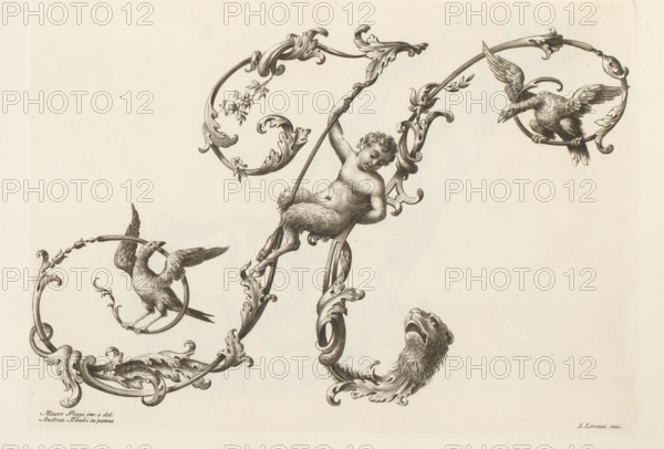Ornamental letter H, Alfabeto di lettere inizial, Ornamental alphabet, print, album page, decorated with two birds, a lion's head and a young satyr. Print is part of an album., printmaker: Lorenzo Lorenzi, Italy, after drawing by Mauro Poggi, after drawing by Andrea Bimbi, 1745 - 1765, Lorenzo Lorenzi, Mauro Poggi, Andrea Bimbi, printmaker, after drawing by, paper, etching, engraving, height 225 mm x width 315 mm, This print is part of a series of 24 prints (title print) with ornamental letters., letters, alphabet, script, fancy letters, A decorative engraving on a light background showing ornate scrolling acanthus motifs forming circular shapes, with a cherubic figure suspended by a curved leafy stem, the figure depicted with curly hair and a soft rounded torso and legs, two birds perched or flying within circular frames created by the scrollwork, and a detailed animal head with an open mouth emerging from the lower scroll, all rendered in fine engraved line work and shading.