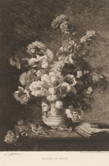 Bouquet de pavots, Still life with flowers, L'eau-forte en 1880, French etchings from 1880, print, Series number, 26, 30, collector's mark: 'AFE v S', watermark, printmaker: Louis Marie Lemaire, publisher: widow Alfred Cadart, Paris, 1880, paper, etching, drypoint, intaglio printmaking technique, height 278 mm x width 199 mm, flowers in a vase, A detailed monochrome etching of a densely packed bouquet of large, layered flowers with ruffled petals and drooping buds arranged in an ornate round vase with a human face motif, the vase resting on a wooden table surface scattered with fallen petals and stems and an open book lying nearby, all set against a heavily textured, crosshatched background.