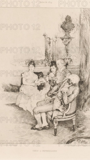 Chez l'impressario, Salon with four seated women and men, French etchings from 1880, L'eau-forte en 1880, print, Series number, 29, 30, watermark, collector's mark: 'AFE v S', printmaker: Juan Antonio González, after design by Juan Antonio González, publisher: widow Alfred Cadart, Paris, 1880, Juan Antonio González, widow Alfred Cadart, printmaker, publisher, paper, etching, drypoint, intaglio printmaking technique, height 279 mm x width 198 mm, the arts, artists, sitting figure, A monochrome sketch of an interior scene showing four seated figures on ornate furniture; two women in light dresses sit on a cushioned bench at the left, one holding a fan and the other with her hands resting in her lap, and two men in period clothing sit to the right on carved chairs, one leaning back with a turned head and the other sitting more upright with hands clasped; behind them are decorative architectural elements including a carved mantel or panel, a tall sculpted bust on a pedestal and an ornate w...