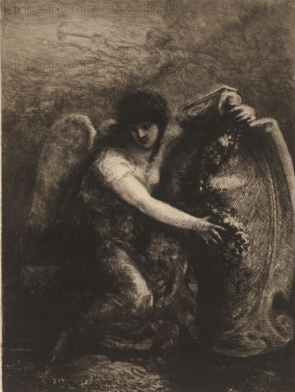 Female angel with cartouche, L'eau-forte en 1881, French etching from 1881, print, watermark, collector's mark: 'AFE v S', printmaker: François Nicolas Chifflart, publisher: widow Alfred Cadart, Paris, 1881, paper, etching, drypoint, intaglio printmaking technique, height 320 mm x width 239 mm, ornament, cartouche, angels, A monochrome etching of a winged figure leaning forward with a bowed head and dark hair, one arm extended across a large rounded object that has draped foliage or garlands, the other arm resting on the rim of that object; the figure wears a loose garment with visible folds and has feathered wings behind the shoulders, while the background is densely crosshatched creating a textured sky and surrounding shadowed areas.
