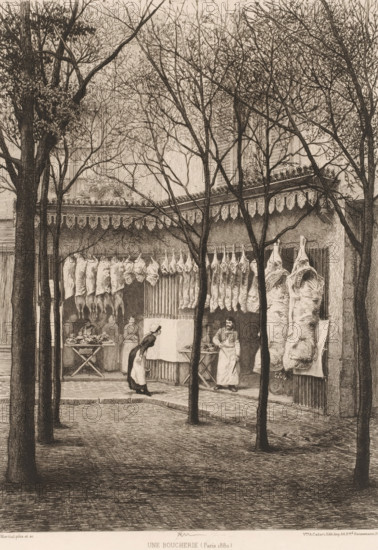 Une boucherie, Butcher's shop, French etchings from 1881, L'eau-forte en 1881, print, Series number, 6, 30, collector's mark: 'AFE v S', printmaker: Adolphe Martial Potémont, after design by Adolphe Martial Potémont, publisher: widow Alfred Cadart, Paris, 1881, Adolphe Martial Potémont, widow Alfred Cadart, printmaker, publisher, paper, etching, drypoint, intaglio printmaking technique, height 309 mm x width 238 mm, butcher, slaughterman, slaughtered ox or pig, A street scene showing the front of a shop with carcasses and sides of meat hanging from hooks under a decorative awning, framed by bare-branched trees in the foreground; a woman in a dress and apron leans forward toward the shop while a man in an apron stands near the entrance, and other figures are visible inside near tables with more meat; cobbled pavement leads up to the shop and tall trunks and thin branches create a lattice over the view.