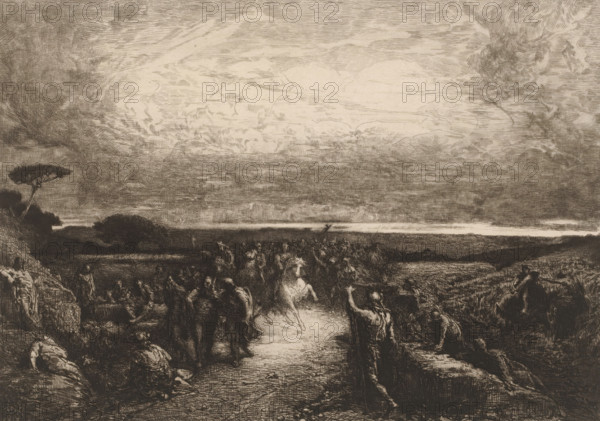 Dans les campaignes de Rome, Landscape with rider in a crowd, French etchings from 1881, L'eau-forte en 1881, print, Series number, 7, 30, collector's mark: 'AFE v S', printmaker: François Nicolas Chifflart, publisher: widow Alfred Cadart, Paris, 1881, paper, etching, drypoint, intaglio printmaking technique, height 201 mm x width 278 mm, riding a horse, ass, or mule, rider, horseman, plain, military parade, pageant, Rome, A wide tonal etching showing a dramatic sky filled with sweeping, textured clouds above a dark horizontal horizon, with a luminous band of light near the horizon; below the sky a crowded scene of many shadowed figures and horses moves toward the foreground along a central path, figures rendered in varied poses with some gesturing and others seated or reclining at the edges, clustered groups of people and animals creating dense silhouettes against the lighter path; on the left a lone tree with a flat canopy rises from a darkened slope, while rocky and vegetated forms ...