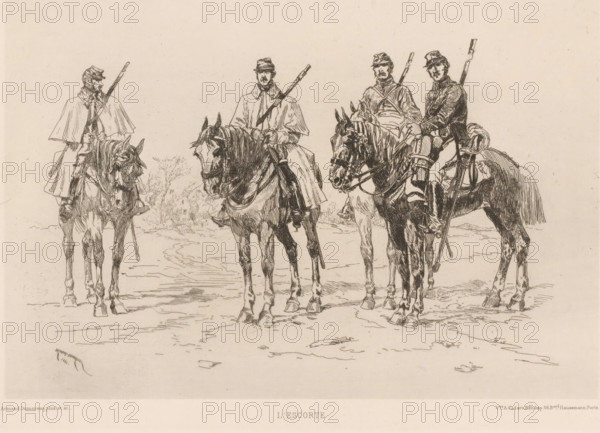 L'escorte, Four soldiers on horseback, L'eau-forte en 1881, French etching from 1881, print, Series number, 9, 30, watermark, collector's mark: 'AFE v S', printmaker: Edouard Armand-Dumaresq, after design by Edouard Armand-Dumaresq, publisher: widow Alfred Cadart, Paris, 1881, Edouard Armand-Dumaresq, widow Alfred Cadart, printmaker, publisher, paper, etching, drypoint, intaglio printmaking technique, height 201 mm x width 280 mm, the soldier, the soldier's life, animals used in the army, A monochrome line drawing shows four men in uniformed coats and caps mounted on horses, each man holding a long rifle slung over his shoulder, the horses depicted with bridles and saddles and varied poses, the riders wearing cloaks or capes and boots, detailed line work indicating horse musculature and tack, a simple ground with faint marks and a distant suggestion of foliage behind them, all rendered on a pale background.