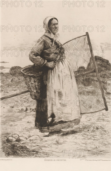 Fisherman's wife, Pécheuse de crevettes, French etchings from 1881, L'eau-forte en 1881, print, Series number, 10, 30, collector's mark: 'AFE v S', watermark, printmaker: Paul Mathey, after design by Paul Mathey, publisher: widow Alfred Cadart, Paris, 1881, Paul Mathey, widow Alfred Cadart, printmaker, publisher, paper, etching, drypoint, intaglio printmaking technique, height 280 mm x width 201 mm, sea and coastal fishery, A monochrome etching shows a woman standing on a rocky shore wearing a bonnet, a high-necked blouse with long sleeves, a tied scarf at the throat, and a long skirt with an apron; she has one hand resting at her waist and the other near a large woven basket strapped at her back. Behind her is a large framed net propped upright and the shoreline extends into the background with scattered rocks and low vegetation; the woman faces slightly to the side with a composed expression and the overall image is rendered with fine cross-hatching and linear textures.