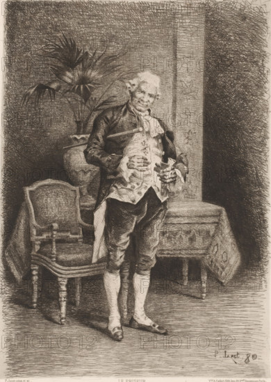 Standing man with snuffbox, Le priseur, L'eau-forte en 1881, French etchings from 1881, print, Series number, 11, 30, collector's mark: 'AFE v S', printmaker: Paul Léon Jazet, publisher: widow Alfred Cadart, Paris, 1881, paper, etching, drypoint, intaglio printmaking technique, height 278 mm x width 200 mm, adult man, snuff-box, An etched image of an older man standing in front of a table and an upholstered chair, wearing period clothing including a waistcoat, coat, breeches, stockings, and buckled shoes, his head slightly tilted and hands resting near his abdomen while holding a small rectangular object, with a large potted plant behind him, patterned drapery on the table, and dense crosshatched shading filling the background and floor.