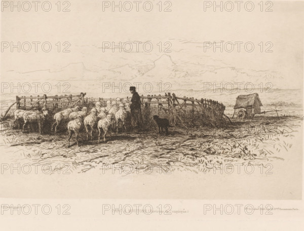 Shepherd with flock, Parc à moutons, L'eau-forte en 1881, French etching from 1881, print, Series number, 16, 30, collector's mark: 'AFE v S', watermark, printmaker: Félix Saturnin Brissot de Warville, publisher: widow Alfred Cadart, Paris, 1881, paper, etching, drypoint, intaglio printmaking technique, height 198 mm x width 278 mm, sheep, return to the fold, byre, stable, herd, herdsman, Compiègne, A wide landscape sketch in brown ink showing a group of sheep gathered near a rough wooden pen with a standing figure beside them and a dog nearby, low rolling hills and open sky in the background, textured ground in the foreground, and a small cart with a thatched cover positioned off to the right.