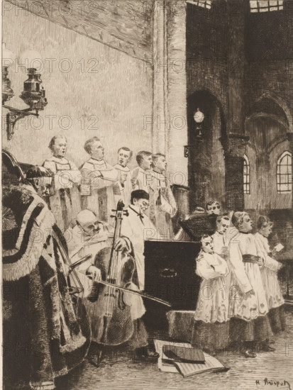 Church choir accompanied by cellists, Une maitrise, L'eau-forte en 1881, French etchings from 1881, print, Series number, 19, 30, collector's mark: 'AFE v S', watermark, printmaker: Henri Brispot, publisher: widow Alfred Cadart, Paris, 1881, paper, etching, drypoint, intaglio printmaking technique, height 278 mm x width 201 mm, viola, violoncello, double bass, choir (in church), A monochrome scene inside a vaulted interior shows a group of robed singers and musicians arranged along a raised area beside a tall column and an arched wall with high windows; several boys in plain robes stand at the front holding books and one raises a hand, while a row of adult singers in similar robes stand behind them with open mouths as if singing; a seated musician in robes plays a bowed string instrument beside another musician whose head is bowed over his instrument, and scattered open books rest on the floor nearby; wall-mounted lamps with round glass globes and decorative brackets are visible along ...
