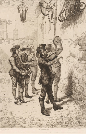 Group of Italian musicians under a balcony, Le pifferari, French etchings from 1881, L'eau-forte en 1881, print, Series number, 22, 30, watermark, collector's mark: 'AFE v S', printmaker: Oreste Cortazzo, publisher: widow Alfred Cadart, Paris, 1881, paper, etching, drypoint, intaglio printmaking technique, height 316 mm x width 221 mm, musician - CC - out of doors, A group of five men stand in a row beside a wall, dressed in historical clothing with hats, coats, breeches, and boots; one man in front plays a violin while the man behind him raises a tambourine above his head, another holds a pipe instrument, and the remaining two stand holding small instruments or resting with their hands; an ornate hanging lantern is visible above them, decorative wrought iron elements and a rolled awning project from the wall, and in the background there are distant building rooftops and towers against a sky with fine horizontal hatch marks.