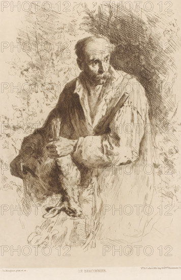 Hunter with dead hare, Le braconnier, L'eau-forte en 1881, French etchings from 1881, print, Series number, 24, 30, collector's mark: 'AFE v S', watermark, printmaker: Charles Monginot, publisher: widow Alfred Cadart, Paris, 1881, paper, etching, drypoint, intaglio printmaking technique, drypoint and plate tone in brown, height 279 mm x width 199 mm, hunter, A sepia-toned ink drawing of an older man shown from the waist up, seated and turned slightly to one side, wearing a loose shirt with an open collar and a heavy cloak draped over one shoulder; he has a receding hairline, a mustache, and a contemplative expression as he looks off to the side, his hands holding a small animal by its hind legs which hangs downward, the animal rendered with fur texture and floppy ears; the background is filled with crosshatched shading and loosely sketched foliage, creating contrast behind the figure.