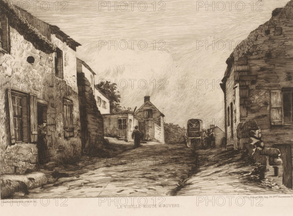 La vieille route à Auvers, Village view, French etchings from 1881, L'eau-forte en 1881, print, Series number, 29, 30, collector's mark: 'AFE v S', printmaker: Charles-Joseph Beauverie, publisher: widow Alfred Cadart, Paris, 1881, paper, etching, drypoint, intaglio printmaking technique, height 200 mm x width 279 mm, street, Auvers-sur-Oise, A narrow street scene rendered in monochrome with textured linework shows buildings with stone and plaster facades flanking a sloping roadway, shuttered windows and wooden doors, a lone figure standing near a doorway on the left, another figure walking up the street toward a small house with a steep roof and chimney in the center, a horse-drawn cart parked on the right with a person nearby, stacked stones and architectural details at the edges of the buildings, and a sky filled with fine, swirling hatch marks.