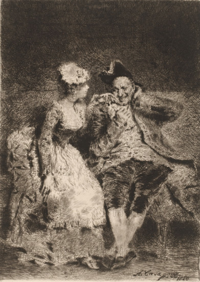 Young lady flirting with older man, Tentation, L'eau-forte en 1881, French etching from 1881, print, Series number, 3, 30, collector's mark: 'AFE v S', watermark, printmaker: Antonio Casanova y Estorach, publisher: widow Alfred Cadart, Paris, 1881, paper, etching, drypoint, intaglio printmaking technique, height 283 mm x width 203 mm, lovers, courting, flirting, young versus old age, young and old, A monochrome etching shows a seated man and woman on a cushioned surface, both dressed in period clothing. The woman on the left wears a light, ruffled dress and a fluffy headpiece, her body turned toward the man with one hand resting on the cushion beside her. The man on the right wears a dark coat with textured fur or trim, a hat with a folded brim, breeches, and stockings; he leans back with one arm across the cushion and the other hand brought toward his chest, his face showing a faint smile. The background is densely crosshatched, and the fabric of their clothing is rendered with varied...