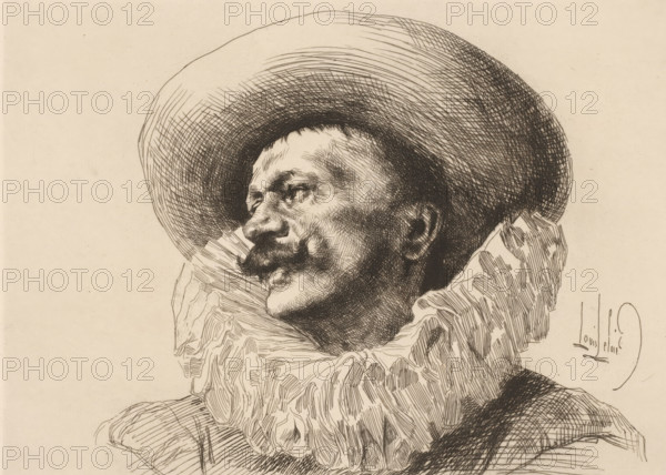 Head of a man with a hat and collar, French etchings from 1881, L'eau-forte en 1881, print, Series number, 1, 30, collector's mark: 'AFE v S', printmaker: Louis Leloir, publisher: widow Alfred Cadart, Paris, 1881, paper, etching, drypoint, intaglio printmaking technique, height 200 mm x width 278 mm, head-gear: hat, neck-gear: collar, head (human), A sepia-toned pen drawing of a man in profile wearing a wide-brimmed hat and a large ruffled collar, with detailed cross-hatching and fine lines defining his facial features, mustache, ear, and the textured shadows of the hat and clothing.