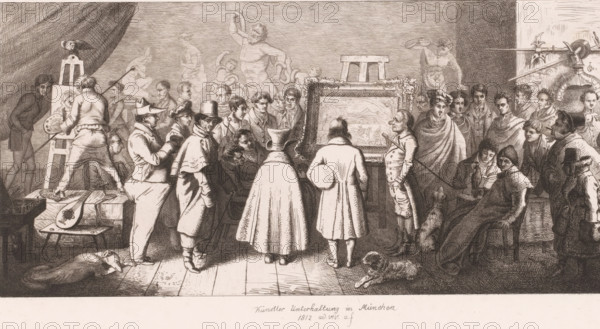 Artist's Gathering in Munich, Artists' Gathering in Munich, print, printmaker: Ludwig Emil Grimm, c. 1812, paper, etching, height 183 mm x width 355 mm, Central to this depiction is 'Noah's Thanksgiving Offering'. With this painting, the Austrian painter Joseph Anton Koch (1768-1839) won the prize of the Munich Academy in 1814(?). In remembrance of this, Grimm etched this fictional gathering of artists discussing against a background of antique sculptures. The third figure on the right is probably Ludwig Grimm himself., dog, artist at work, in his workshop, exhibition, art, Laocoon and his twin sons are strangled by two serpents during the preparations for a sacrifice, A crowded interior scene rendered in a sepia-toned etching shows a group of people gathered around a framed painting on an easel, with two figures standing with their backs toward the viewer in long cloaks and one holding a hat. Around them, men in period dress including coats, capes, top hats, and military-style uniform...