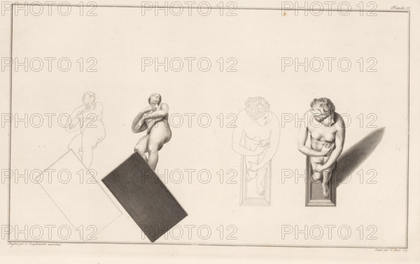 Statue of Venus de' Medici, in two positions, Description of a general graphometer, print, album page, book illustration, Series number, 4, 12, The statue of the Venus de' Medici, an ancient sculpture of the goddess Venus. She is depicted in two positions, one intended as an image for a ceiling and the other for a tapestry. First drawn only in outline using a graphometer. Marked in the upper right: Planche IV. The print is part of the book: AG Eckhardt, Beschryving van een algemeenen graphometer, 1778., printmaker: Jan Punt, Amsterdam, publisher: Jan Hendrik Munnikhuizen (possibly), The Hague, 1777 - 1778, paper, engraving, etching, etching and engraving, height 237 mm x width 383 mm, piece of sculpture, reproduction of a piece of sculpture, (story of) Venus (Aphrodite), A wide, light-toned sheet framed by a thin double border shows four studies of a reclining nude figure viewed from above, arranged horizontally across the middle; two left figures are rendered as outline sketches on an...