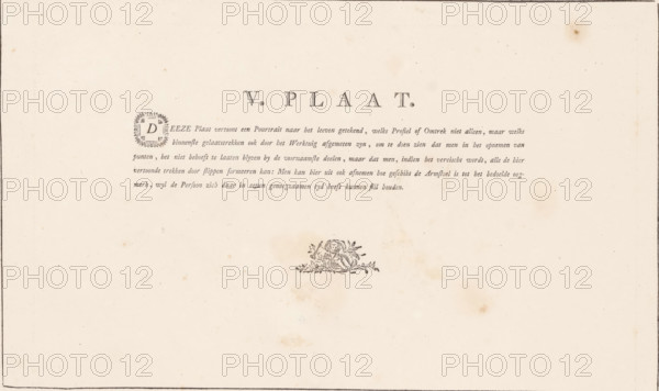 Explanation of the portrait of a man, V. Plaat, Description of a general graphometer, album page, text sheet, Series number, 5, 12, Text sheet with a Dutch-language explanation of a print depicting a portrait of a man in profile. On the left, only the outline is drawn using a graphometer. The text sheet is part of the book: AG Eckhardt, 1778., writer (clerical worker): Antoine George Eckhardt, publisher: Jan Hendrik Munnikhuizen (possibly), The Hague, 1777 - 1778, writer (clerical worker), paper, letterpress printing, text in letterpress, height 510 mm x width 330 mm, A cream-colored sheet with a thin dark border around the edges, showing printed ornamental typography centered near the top and a short paragraph of small printed lines beneath it, a decorative circular floral emblem to the left of the paragraph, and a small engraved floral cherub motif positioned below the paragraph toward the center, with scattered light brown spots and smudges across the page.