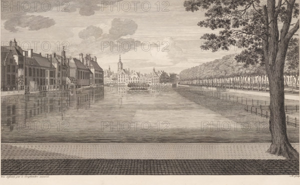 View of the Hofvijver in The Hague, Plan XI, Description of a general graphometer, print, album page, book illustration, Series number 11, 12, View of the Hofvijver in The Hague with the Binnenhof on the left and the Lange Vijverberg on the right. The image was drawn using a graphometer. Marked in the upper right: Plan XI. The print is part of the book: AG Eckhardt, Beschryving van een algemeenen graphometer, 1778., printmaker: Monogrammist AC (18th century), Amsterdam, publisher: Jan Hendrik Munnikhuizen (possibly), The Hague, 1777 - 1778, paper, engraving, etching, etching and engraving, height 242 mm x width 396 mm, Binnenhof, Vijverberg, Hofvijver, A wide riverside scene rendered in fine line work shows rows of tall narrow buildings with gabled roofs lining the left bank, their vertical facades reflected in the calm water below. Across the water a cluster of civic-style buildings and a tower rise at the center background, framed by an island of low trees in the middle of the river....