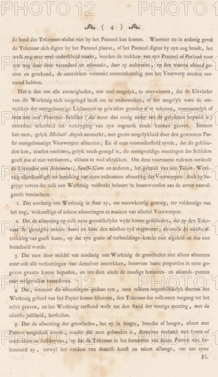 Description of the utility of the graphometer, page 4 of 10, Description of a general graphometer. First part. Containing the utility of this instrument, album page, text sheet, The text sheet is part of the book: AG Eckhardt, Description of a general graphometer, 1778., writer (clerical worker): Antoine George Eckhardt, publisher: Jan Hendrik Munnikhuizen (possibly), The Hague, 1777 - 1778, writer (clerical worker), paper, letterpress printing, text in letterpress, height 510 mm x width 330 mm, A photograph of an aged, single sheet of printed paper with evenly spaced lines of serif text in a language other than English, showing a decorative typographic ornament and a parenthetical numeral near the top; the paper has a warm, yellowed tone with darker foxing spots and stains scattered across the surface, heavier toward the edges; margins are visible around the block of text and the bottom right corner shows a small cropped decorative mark; the overall appearance suggests wear with subtl...