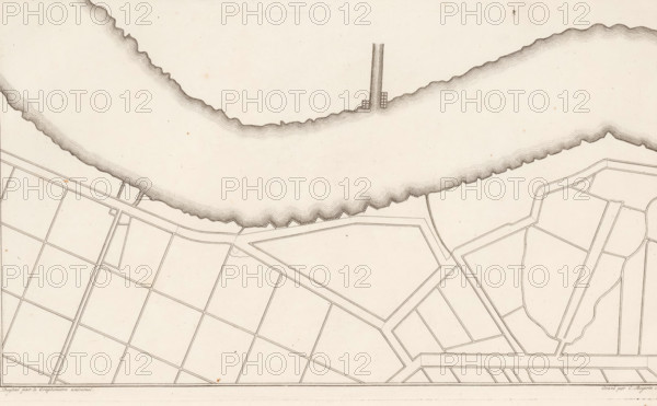 Detailed map of a river bend with the surrounding meadows, Description of a general graphometer, print, album page, book illustration, Series number, 12, Detailed map of a river bend with surrounding meadows. The image was drawn using a graphometer. Marked in the upper right: Plan XII. The print is part of the book: AG Eckhardt, 1778., printmaker: Cornelis Bogerts, Amsterdam, publisher: Jan Hendrik Munnikhuizen (possibly), The Hague, 1778, paper, engraving, etching, etching and engraving, height 221 mm x width 361 mm, maps, atlases, A monochrome map fragment showing a curved waterfront at the top with closely spaced wavy contour lines indicating the water edge, a straight pier jutting into the water with small rectangular structures at its base, and a geometric street grid below composed of straight roads forming rectangular and polygonal blocks with thin boundary lines and occasional curved pathways; the paper has a light aged tone with small scattered specks and faint vertical and ho...