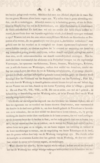 Description of a general graphometer. Part one. Containing the usefulness of this instrument, Description of the usefulness of the graphometer, page 9 of 10, album page, text sheet, The text sheet is part of the book: AG Eckhardt, Description of a general graphometer, 1778., writer (clerical worker): Antoine George Eckhardt, publisher: Jan Hendrik Munnikhuizen (possibly), The Hague, 1777 - 1778, writer (clerical worker), paper, letterpress printing, text in letterpress, height 510 mm x width 330 mm, A faded printed page showing uniform lines of serif text in a narrow column, with an ornate decorative flourish centered near the top and a small circular mark above it, the paper showing light aging and slight discoloration, margins visible around the block of text, and a centered single letter near the bottom.