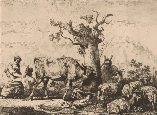 Landscape with a herd of cattle around a tree and a man and woman embracing, print, printmaker: attributed to Jean Louis Demarne, Belgium, 1762 - 1829, Attributed to, paper, etching, aquatint, intaglio printmaking technique, aquatint and plate tone, height 225 mm x width 290 mm, herding, herdsman, herdswoman, shepherd, shepherdess, cowherd, couple of lovers, cattle, A detailed sepia-toned etching shows a pastoral scene with a large, gnarled tree stump at center, its twisted branches and small leafy shoots extending upward; a woman in a dress and head covering sits at left, leaning toward a seated man whose hat is visible as she rests a hand on his shoulder; a cow stands between them, partially turned, its body textured with fine crosshatching, while a reclining calf lies beneath and a small dog rests nearby; to the right a donkey sits close to the tree and a group of sheep with woolly coats cluster in the foreground among low plants and shrubs; soft, etched clouds fill the sky behind t...