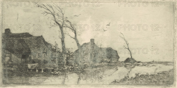 Farmhouse by a ditch, trees leaning in the wind, print, printmaker: Cornelis Vreedenburgh, 1906, paper, etching, drypoint, intaglio printmaking technique, height 98 mm x width 198 mm, farm or solitary house in landscape, small canal, ditch, A pale etching shows a waterside scene with textured roofs and stone walls of cottages along the left and center, tall bare trees rising near the buildings, and a smaller leaning tree near the right shoreline; a calm body of water in the foreground reflects parts of the structures and vegetation, and low grassy plants frame the nearer bank, while a wide, lightly shaded sky occupies the upper area with a few small birds drawn in flight.