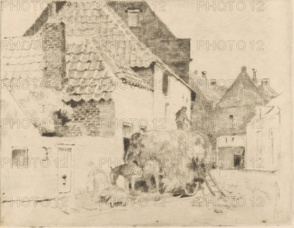 Hay wagon in village street, print, printmaker: Cornelis Vreedenburgh, 1890 - 1946, paper, etching, drypoint, intaglio printmaking technique, height 122 mm x width 158 mm, village street, hay-wagon, A monochrome sketch of a street scene dominated by closely packed buildings with tiled and shingled roofs, chimneys, and textured brickwork, showing rooflines receding into the background; in the foreground a large haystack or covered load sits on a cart drawn by a horse that is facing left, with a person standing nearby and another figure perched atop the stacked load; doorways and windows are visible on the facades, and narrow alleyways and cobbled ground are suggested by light, crosshatched lines.