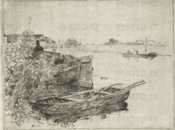 River with boats at the waterside, print, printmaker: Cornelis Vreedenburgh, 1890 - 1946, paper, etching, intaglio printmaking technique, height 150 mm x width 196 mm, rowing-boat, canoe, sailing-ship, sailing-boat, river, A sketch of a waterside scene showing wooden boats pulled up on a grassy, shrub-filled bank, with detailed plank and oar lines visible on the boats; a fence or wooden structure rises behind the boats amid dense foliage, and rooftops and a tree cluster appear further back on the left; the calm water stretches toward a distant shoreline with low tree clumps and small landforms, and a slender mast and a small boat with two seated figures are sketched on the water; the composition is executed in fine monochrome line work on a pale background.