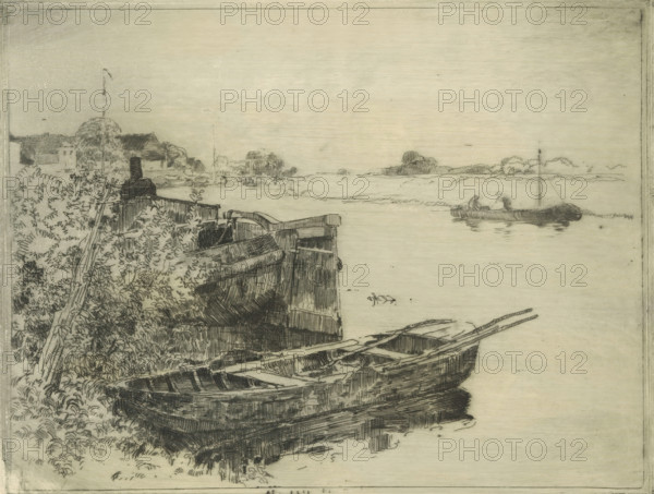 River with boats at the waterside, print, printmaker: Cornelis Vreedenburgh, 1890 - 1946, paper, etching, intaglio printmaking technique, height 150 mm x width 195 mm, rowing-boat, canoe, sailing-ship, sailing-boat, river, A pencil or ink sketch of a riverside scene showing several wooden rowboats pulled up on a muddy shore in the foreground, detailed wood grain and ribs visible on the boats and oars resting across them, dense foliage and tall grasses along the left bank with a leaning post or mast among the plants, a short wooden pier or platform behind the vegetation, a calm expanse of water stretching to the middle ground where a small sailboat with a single mast floats and its reflection appears in the water, a low distant shoreline with clumps of trees and simple roofed buildings sketched on the far bank, and a pale sky occupying the upper portion of the image.