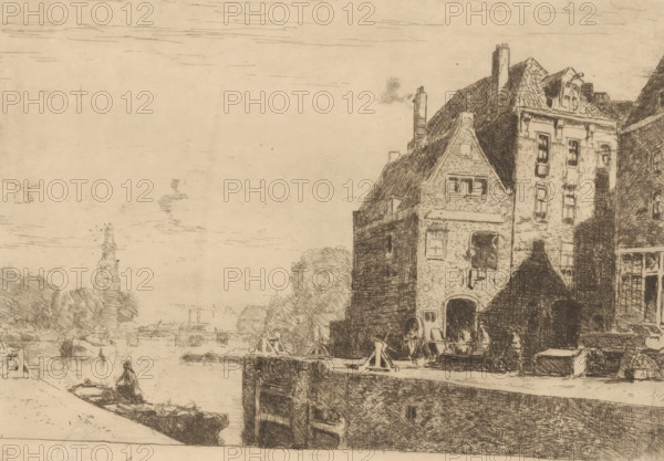 Sint Antoniesluis, Amsterdam, print, Right the Gosler House., printmaker: Cornelis Vreedenburgh, 1890 - 1946, paper, etching, intaglio printmaking technique, height 148 mm x width 200 mm, lift-lock, canal lock, A sepia-toned etching shows a riverside scene with narrow boats on calm water, a person standing in a small boat near the foreground, and a series of tall, narrow buildings with steep roofs and chimneys lining the right bank; the buildings display detailed windows, an arched doorway, and brick and stone textures, with ropes, wooden posts, and a wheel visible near the waterfront; trees and distant structures appear along the left bank, and a lightly sketched sky with thin horizontal clouds fills the upper area.
