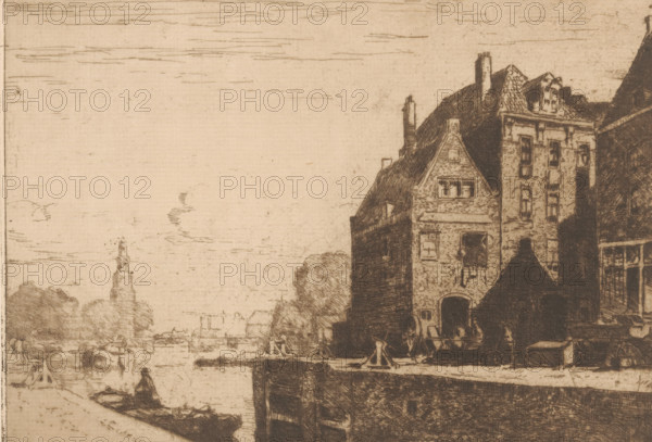 Sint Antoniesluis, Amsterdam, print, Right the Gosler House., printmaker: Cornelis Vreedenburgh, 1890 - 1946, paper, etching, intaglio printmaking technique, height 148 mm x width 200 mm, lift-lock, canal lock, An etching of a riverside scene featuring tall narrow brick buildings with steep gabled roofs and multiple chimneys along the right side, a quay in front with moored small boats and figures near the water, distant trees and a church tower visible along the riverbank to the left, and a wide expanse of sky with faint horizontal cloud lines above.