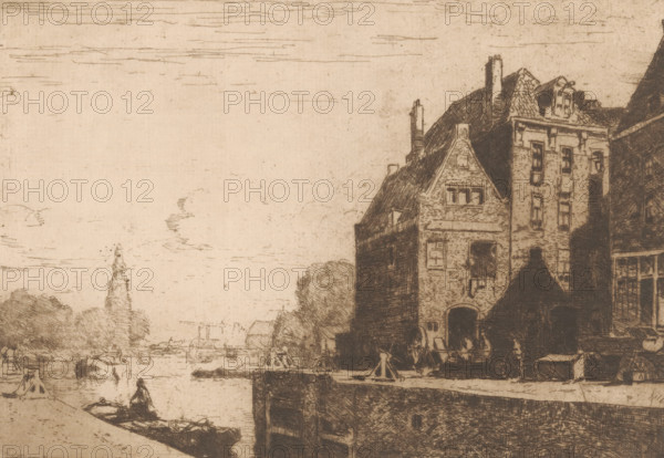 Sint Antoniesluis, Amsterdam, print, Right the Gosler House., printmaker: Cornelis Vreedenburgh, 1890 - 1946, paper, etching, intaglio printmaking technique, height 148 mm x width 200 mm, lift-lock, canal lock, A sepia-toned etching showing a waterside scene with tall old buildings on the right featuring steep gabled roofs, chimneys, and multi-pane windows, a stone quay in front of them, small boats moored along the water, a figure seated in a narrow rowboat in the foreground, trees and low structures along the left bank, and a distant tower rising above the treeline under a lightly sketched sky.