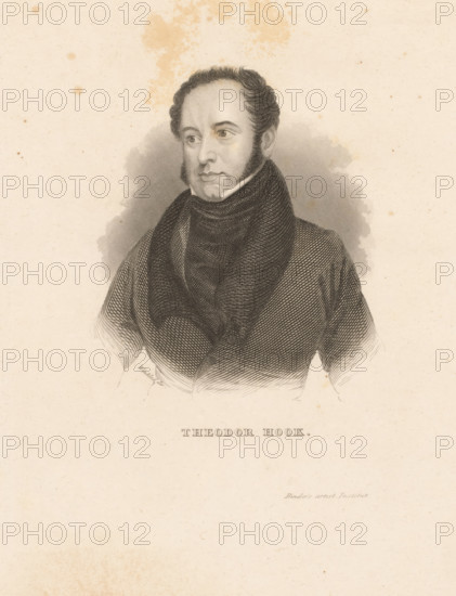 Theodor Hook, Portrait of Theodore Edward Hook, print, printmaker: Henry Winkles, publisher: Binder's artistic Institut, Leipzig, c. 1824 - c. 1850, Henry Winkles, Binder's artistic Institut, Saxony, paper, steel engraving, height 161 mm, width 212 mm, Person, Theodore Edward Hook, historical persons, portrait, self-portrait of artist, A sepia-toned engraved portrait of a man shown from the chest upward, with short wavy hair and prominent sideburns, wearing a high-collared coat and a wrapped scarf or cravat; his face is turned slightly to one side with a neutral expression, and the background shows subtle shading and textured paper with faint discoloration spots.
