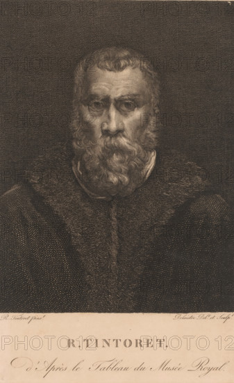 Portrait of il Tintoretto, print, printmaker: Louis Jean Désiré Delaistre, France, after painting by Jacopo Tintoretto, 1810 - 1871, draftsman (artist), paper, engraving, height 263 mm x width 174 mm, Person, Il Tintoretto, historical persons, portrait, self-portrait of painter, A monochrome engraved portrait of an older man shown from the chest up, facing forward with a full curly beard and mustache, short curly hair, and deep-set eyes; he wears a dark textured cloak with a fur-like collar and a lighter garment at the neckline, and the background is a uniformly stippled dark field.