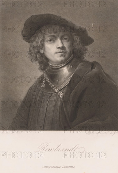 Portrait of an unknown man, previously identified as Rembrandt van Rijn, Rembrandt, print, check stamp: 'Circular stamp with in the center: Musées Imperieux, in the border: Galgographie Du Louvre.', printmaker: Achille Louis Martinet, after painting by Rembrandt van Rijn, 1835, paper, steel engraving, height 323 mm x width 246 mm, historical persons, portrait, self-portrait of artist, A sepia-toned engraved portrait of a young man shown from the chest up wearing a wide, soft hat and a cloak draped over one shoulder, with curly hair framing his face and a calm, neutral expression; he has a rounded face, small mustache and slight shadow on his upper lip, and his eyes look forward; he wears a high, decorated collar and a reflective metal gorget with a decorative chain and medallion, and his garment beneath the cloak shows vertical folds and pleats; the background is a finely textured, even tone.