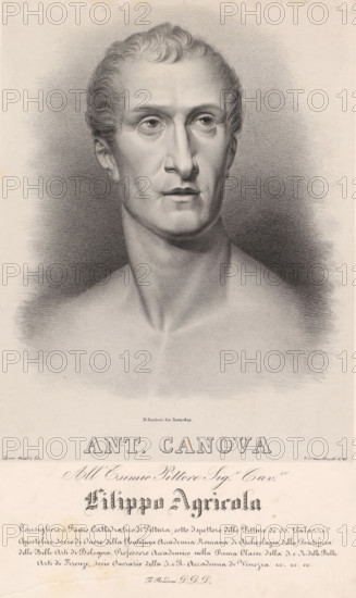 Portrait of artist Antonio Canova, print, printmaker: Ferdinando Rondoni, Rome, after sculpture by Antonio Canova, Italy, printer (person): Studio di Lit, dedicated to: Filippo Agricola, 1840, Antonio Canova, after sculpture by, printer (person), paper, chine collé, lithography, lithography on chine collé, height 422 mm x width 290 mm, After a sculpted self-portrait by Antonio Canova in the Temple of Possagno in Veneto., Person, historical persons, portrait, self-portrait of artist, A grayscale lithographic portrait of a bare-shouldered man shown from the chest up, rendered with soft shading and stippling; he has short, wavy hair, a high forehead, prominent cheekbones, and a straight nose, with his gaze directed slightly to the side and a neutral expression; the background is a vignette of textured shading that fades into the lighter paper toward the edges, and below the portrait there is a wide blank margin with decorative script and ornamental lettering partially visible at the botto...