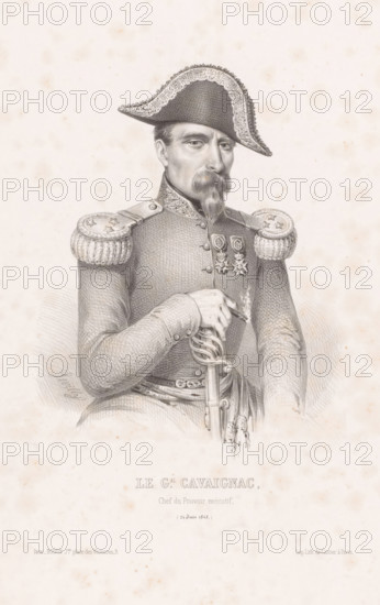 Le gal. Cavaignag, chef du pouvoir exécutif, (24 June 1848.), Portrait of General Louis-Eugène Cavaignac, print, printmaker: Lévilly, printer (person): François Louis Cattier, Paris, publisher: Boivin, 1848 - 1856, printer (person), paper, lithography, height 444 mm x width 302 mm, Person, Louis-Eugène Cavaignac, historical persons, (military) uniforms, A sepia-toned lithograph of a uniformed man shown from the waist up, wearing a bicorn hat with decorative trim and a high-collared military coat with ornate shoulder epaulettes and embroidered collar; he has a mustache and pointed goatee and a serious expression, his hand rests on the hilt of a sword with a detailed guard, and several decorative medals are pinned to his chest.