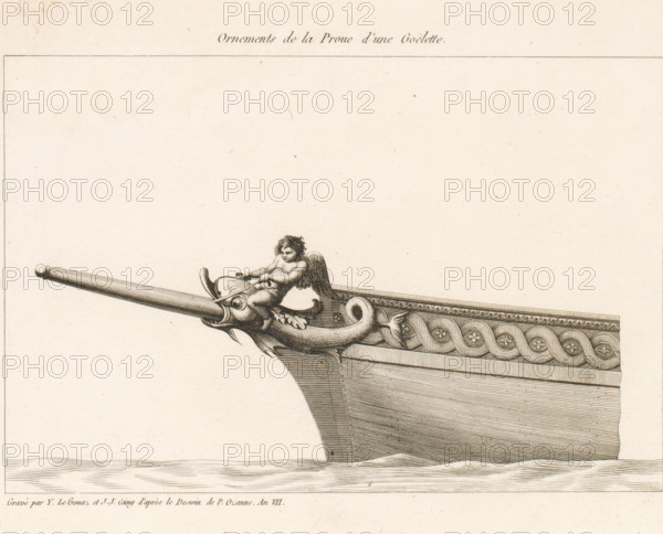 Ornements de la proue d'une goëlette, Figurehead of a schooner with putto on dolphin, Bow ornaments of various vessels, Ornements de la proue de différents vaisseaux, print, album page, Series number, 2, 24, This print is part of an album., printmaker: Joseph Coiny, printmaker: Yves Marie Le Gouaz, after drawing by Pierre Ozanne, 1798 - 1799, Joseph Coiny, Yves Marie Le Gouaz, Pierre Ozanne, printmaker, after drawing by, paper, etching, engraving, etching and engraving, cut off inside the plate edge, mounted in an album, height 203 mm x width 281 mm, sailing-ship, sailing-boat, parts of ship's exterior: bow, A detailed engraving of a ship's prow emerging from water, showing a decorative long jutting beam ending in a rounded tip and an ornate carved figure of a winged child seated on a stylized sea creature head, the child holding a rod and looking downward, the creature featuring flowing fins and a curled tail that integrates into a carved border with repeating circular medallions and ...