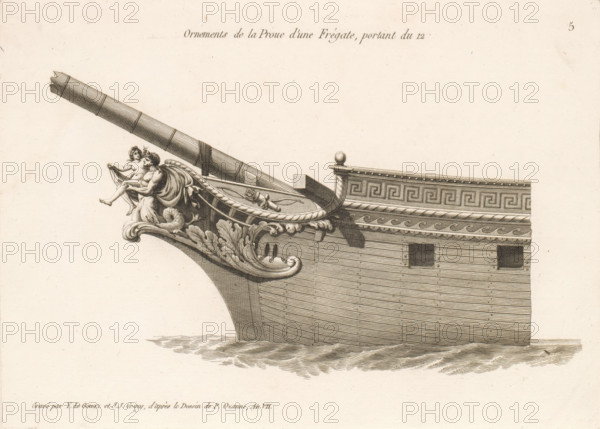 Ornements de la proue d'une frégate, portant du 12, Prow and figurehead of a frigate, Ornements de la proue de différents vaisseaux, Bow ornaments of various vessels, print, album page, ornament print, Series number, 5, 24, This print is part of a album., printmaker: Joseph Coiny, printmaker: Yves Marie Le Gouaz, after drawing by Pierre Ozanne, 1798 - 1799, Joseph Coiny, Yves Marie Le Gouaz, Pierre Ozanne, printmaker, after drawing by, paper, etching, engraving, etching and engraving, cut off within the plate edge, mounted in an album, height 201 mm x width 279 mm, sailing-ship, sailing-boat, merman, parts of ship's exterior: bow, A detailed engraved depiction of the prow of a wooden ship emerging from water, showing carved ornamental scrollwork along the bow, a carved figure of a seated child held by a partially draped adult figure with flowing hair, an extended bowsprit angled upward with visible banding, a raised circular deck area with a heavy twisted rope border and a small cannon...