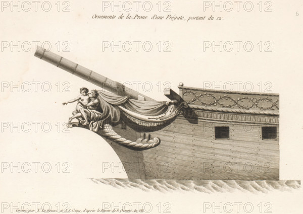 Prow and figurehead of a frigate, Ornements de la proue d'une frégate, portant du 12, Ornements de la proue de différents vaisseaux, Bow ornaments of various vessels, print, album page, ornament print, Series number, 6, 24, This print is part of a album., printmaker: Joseph Coiny, printmaker: Yves Marie Le Gouaz, after drawing by Pierre Ozanne, 1798 - 1799, Joseph Coiny, Yves Marie Le Gouaz, Pierre Ozanne, printmaker, after drawing by, paper, engraving, etching, etching and engraving, cut off within the plate edge, mounted in an album, height 201 mm x width 278 mm, sailing-ship, sailing-boat, merman, parts of ship's exterior: bow, A finely detailed engraving of a ship's bow with a long, tubular bowsprit extending diagonally upward and left, a carved figurehead of two partially draped figures sitting at the prow with flowing garments and one arm outstretched, a large twisted rope motif curling under the figurehead, ornate drapery and carved scrollwork along the upper hull, a decorated r...