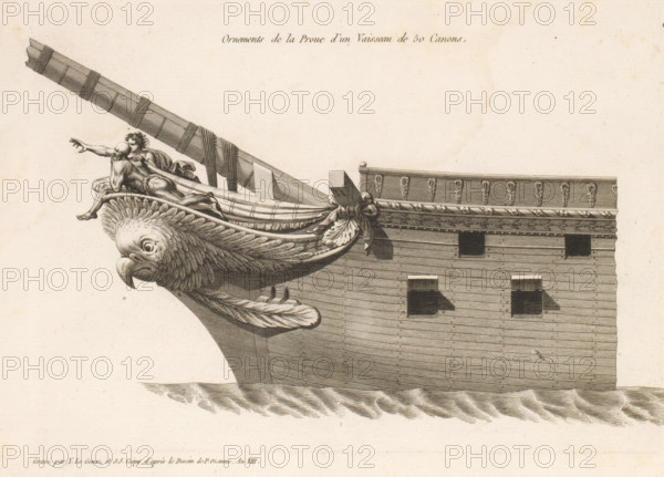 Ornements de la proue d'un vaisseau de 50 canons, Prow and figurehead of a sailing ship with 50 canons, Bow ornaments of various vessels, Ornements de la proue de différents vaisseaux, print, album page, ornament print, Series number, 9, 24, This print is part from an album., printmaker: Joseph Coiny, printmaker: Yves Marie Le Gouaz, after drawing by Pierre Ozanne, 1799 - 1800, Joseph Coiny, Yves Marie Le Gouaz, Pierre Ozanne, printmaker, after drawing by, paper, etching, engraving, etching and engraving, cut off within the plate edge, pasted in an album, height 222 mm x width 315 mm, sailing-ship, sailing boat, parts of ship's exterior: bow, A detailed engraving of a ship's prow featuring a large stylized bird head with textured feathers and a curved beak, above which draped carved swags and ribbons lead to two reclining human figures positioned near the bowsprit; the bowsprit extends diagonally across the upper left with block-like bindings, the ship's hull shows horizontal planking ...