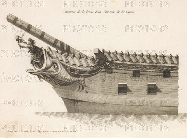 Prow and figurehead of a sailing ship with 50 guns, Ornements de la proue d'un vaisseau de 50 canons, Ornements de la proue de différents vaisseaux, Bow ornaments of various vessels, print, album page, ornament print, Series number, 12, 24, This print is made part of an album., printmaker: Joseph Coiny, printmaker: Yves Marie Le Gouaz, after drawing by Pierre Ozanne, 1799 - 1800, Joseph Coiny, Yves Marie Le Gouaz, Pierre Ozanne, printmaker, after drawing by, paper, etching, engraving, etching and engraving, cut off within the plate edge, pasted in an album, height 224 mm x width 316 mm, sailing-ship, sailing-boat, parts of ship's exterior: bow, A detailed etched depiction of a ship's prow showing the carved head of a large fish with an open mouth and visible scales, a long beak-like snout, and textured fins; above the fish a draped human figure reaches forward holding a torch with flames, and a long decorated spar extends from the prow with wrapped bands; a row of small helmeted figure...