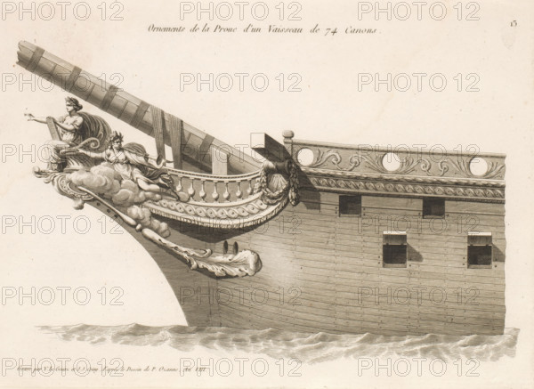 Prow and figurehead of a sailing ship with 74 guns, Ornements de la proue d'un vaisseau de 74 canons, Bow ornaments of various vessels, Ornements de la proue de différents vaisseaux, print, album page, ornament print, Series number, 13, 24, This print is made part of an album., printmaker: Joseph Coiny, printmaker: Yves Marie Le Gouaz, after drawing by Pierre Ozanne, 1799 - 1800, Joseph Coiny, Yves Marie Le Gouaz, Pierre Ozanne, printmaker, after drawing by, paper, etching, engraving, etching and engraving, cut off within the plate edge, mounted in an album, height 227 mm x width 319 mm, sailing-ship, sailing-boat, parts of ship's exterior: bow, A detailed engraved image of a ship's prow showing ornate carved decorations in a monochrome palette, including a seated draped female figure extending an arm and a smaller reclining figure among stylized clouds and scrollwork, a long bowsprit angled across the top left, a curved bulwark with baluster-like elements and layered decorative bands,...