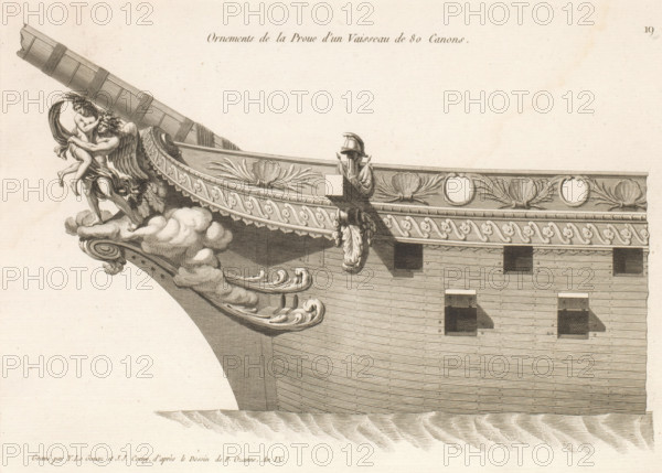Prow and figurehead of a sailing ship, Ornements de la proue d'un vaisseau de 80 canons, Ornements de la proue de différents vaisseaux, Bow ornaments of various vessels, print, album page, ornament print, Series number, 19, 24, This print is part of a album., printmaker: Joseph Coiny, printmaker: Yves Marie Le Gouaz, after drawing by Pierre Ozanne, 1800 - 1801, Joseph Coiny, Yves Marie Le Gouaz, Pierre Ozanne, printmaker, after drawing by, paper, etching, engraving, etching and engraving, cut off within the plate edge, mounted in an album, height 225 mm x width 317 mm, sailing-ship, sailing boat, parts of ship's exterior: bow, A detailed engraved view of a ship's ornate prow showing a carved figure of a winged man holding a smaller figure, both perched on stylized clouds at the very front, a long beamed structure extending upward behind them, decorative scrollwork and acanthus motifs along the curved edge, a carved horsehead projecting beneath a helmeted bust mounted on the rail, a pat...