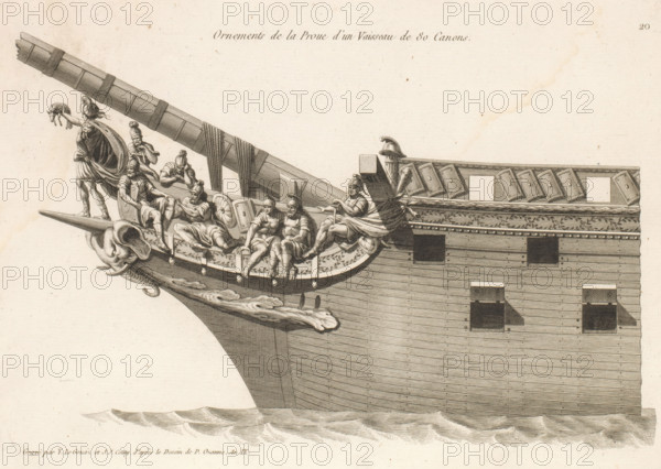 Ornements de la proue d'un vaisseau de 80 canons, Prow and figurehead of a sailing ship, Ornements de la proue de différents vaisseaux, Bow ornaments of various vessels, print, album page, ornament print, Series number, 20, 24, This print is part of a album., printmaker: Joseph Coiny, printmaker: Yves Marie Le Gouaz, after drawing by Pierre Ozanne, 1800 - 1801, Joseph Coiny, Yves Marie Le Gouaz, Pierre Ozanne, printmaker, after drawing by, paper, etching, engraving, etching and engraving, cut off within the plate edge, mounted in an album, height 223 mm x width 316 mm, sailing-ship, sailing boat, parts of ship's exterior: bow, A detailed engraving of a ship's prow showing ornate carved figures and decorative elements along the hull, with a large projecting bowsprit and a carved animal head at the very front, a group of seated and standing human figures in classical attire arranged on a raised platform near the bowsprit, some holding shields and one holding a small animal, a reclining f...