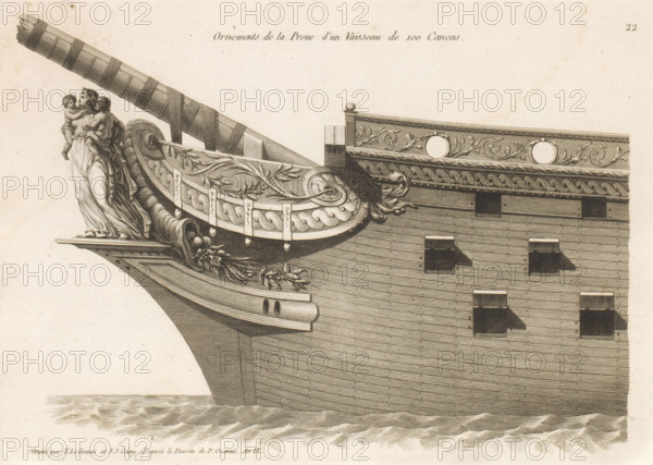 Prow and figurehead of a sailing ship, Ornements de la proue d'un vaisseau de 100 canons, Bow ornaments of various vessels, Ornements de la proue de différents vaisseaux, print, album page, ornamental print, Series number, 22, 24, Caritas with two children as figureheads, behind her a horn of plenty. This print is part of an album., printmaker: Joseph Coiny, printmaker: Yves Marie Le Gouaz, after drawing by Pierre Ozanne, 1800 - 1801, Joseph Coiny, Yves Marie Le Gouaz, Pierre Ozanne, printmaker, after drawing by, paper, etching, engraving, etching and engraving, cut off within the plate edge, mounted in an album, height 233 mm x width 323 mm, sailing-ship, sailing-boat, Charity, 'Caritas', 'Carità' (Ripa), one of the Three Theological Virtues, parts of ship's exterior: bow, A detailed engraved close-up of a ship's bow shows ornate wooden carvings and architectural features; a sculpted figure of a draped woman holding a small child stands near the prow, both rendered in fine linework, a...