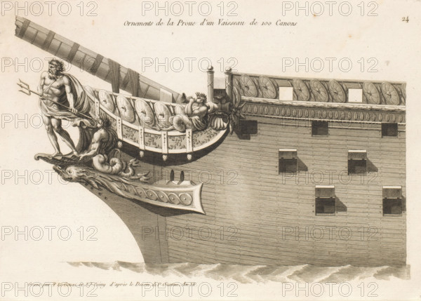 Prow of a sailing ship with figurehead of Neptune with trident, Ornements de la proue d'un vaisseau de 100 canons, Ornements de la proue de différents vaisseaux, Bow ornaments of various vessels, print, album page, ornament print, Series number, 24, This print is part of an album., printmaker: Joseph Coiny, printmaker: Yves Marie Le Gouaz, after drawing by Pierre Ozanne, 1800 - 1801, Joseph Coiny, Yves Marie Le Gouaz, Pierre Ozanne, printmaker, after drawing by, paper, etching, engraving, etching and engraving, cut off within the plate edge, mounted in an album, height 226 mm x width 319 mm, sailing-ship, sailing-boat, parts of ship's exterior: bow, A detailed engraving of a ship's bow showing ornate carved figures and decorative railings, with a muscular bearded male figure standing and holding a trident, a reclining figure blowing a horn, and a mermaid-like figure integrated into the prow. The bow features circular decorative shields along a curved railing, carved floral panels benea...